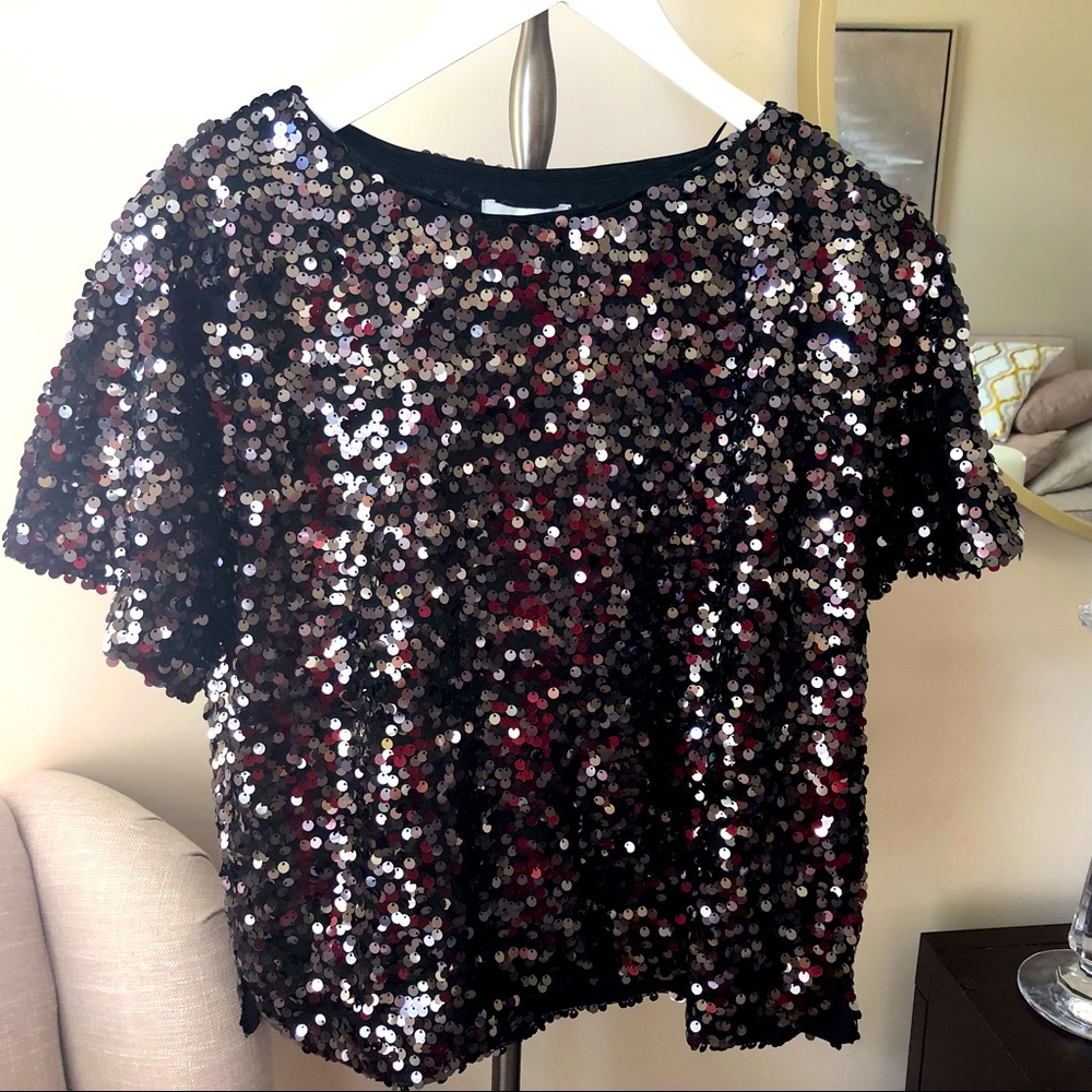 New H&M XSm Black Sparkly Sequin Blouse Tshirt Top Cropped Party New Years Prom